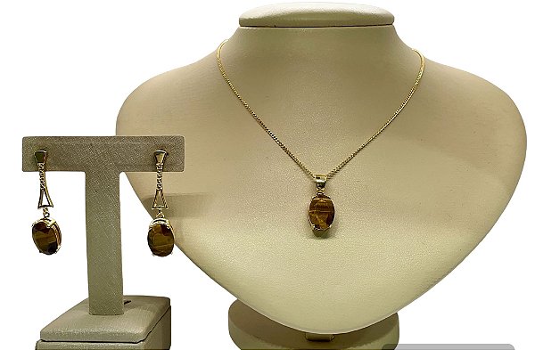 Colar e Brinco banhado a ouro 18k de Olho de Tigre. ML185