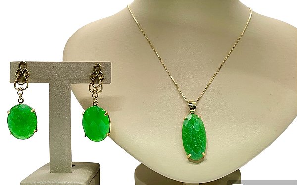 Colar e Brinco banhado a ouro 18k de Frizita Verde ML187
