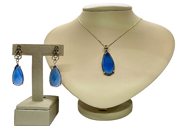 Colar e Brinco banhado a ouro 18k de Zircônia Azul ML 189