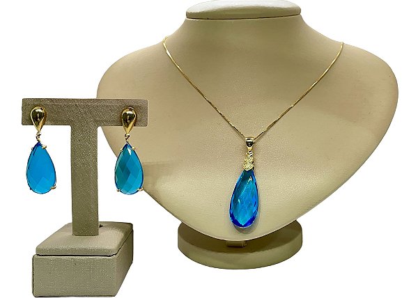 Colar e Brinco banhado a ouro 18k de Zircônia Azul. ML190