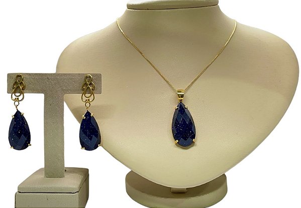 Colar e Brinco banhado a ouro 18k de Pedra Estrela. ML193