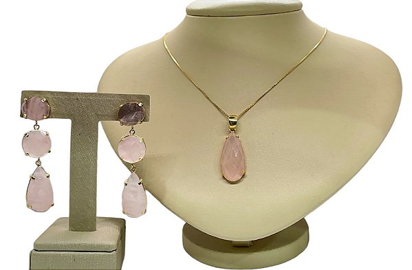 Colar e Brinco banhado a ouro 18k de Quartzo Rosa. ML195