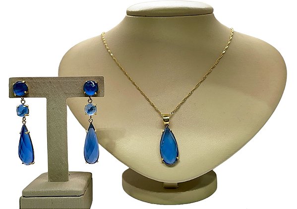 Colar e Brinco banhado a ouro 18k de Zircônia Azul. ML196