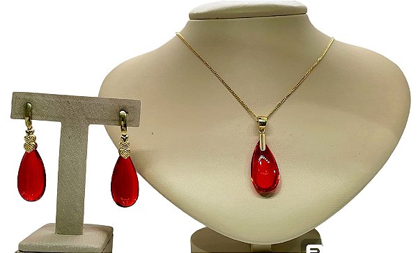 Colar e Brinco banhado a ouro 18k de Zircônia Vermelha ML200
