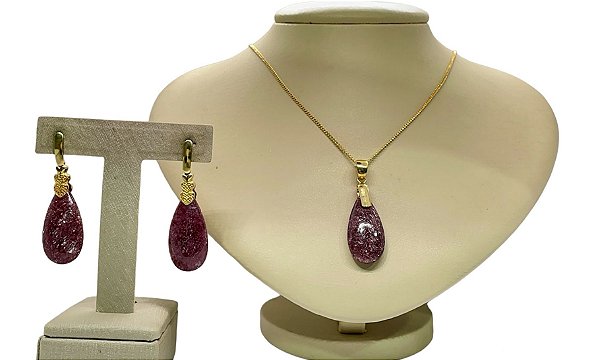 Colar e Brinco banhado a ouro 18k de Quartzo Morango ML201