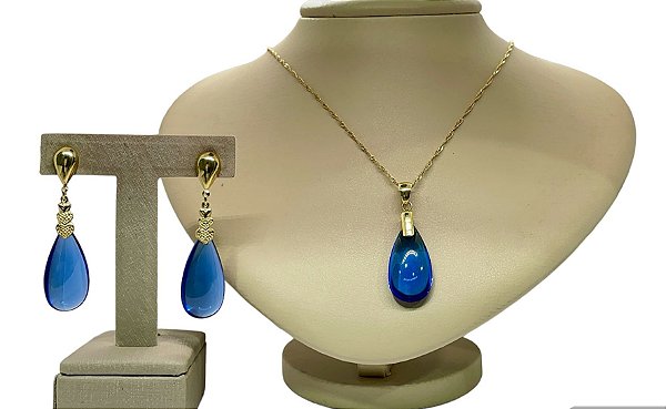 Colar e Brinco banhado a ouro 18k de Zircônia Azul  ML202