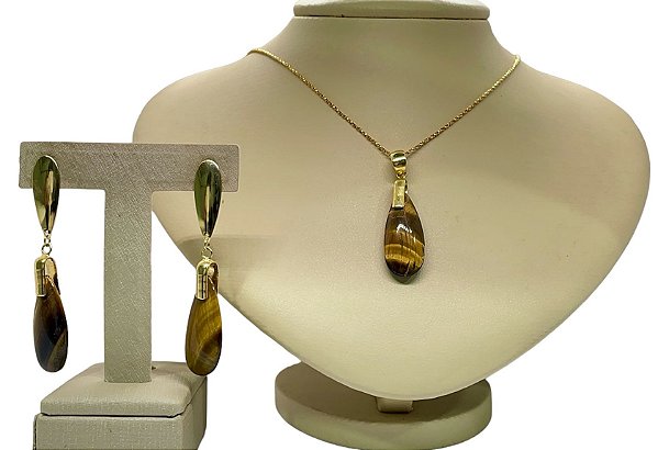 Colar e Brinco banhado a ouro 18k de Olho De Tigre ML203