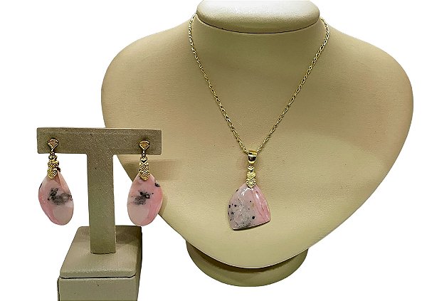 Colar e Brinco banhado a ouro 18k de Opala Rosa ML207