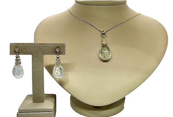 Colar e Brinco banhado a ouro 18k de Água Marinha Gota Lisa ML212