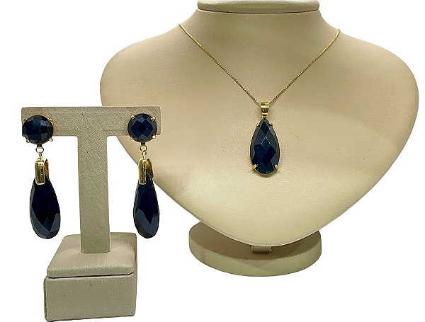 Colar e Brinco banhado a ouro 18k de Ônix ML213