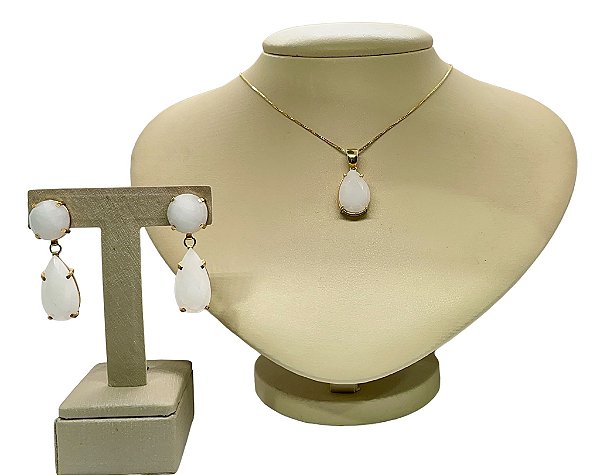Colar e Brinco banhado a ouro 18k de Quartzo Branco ML216