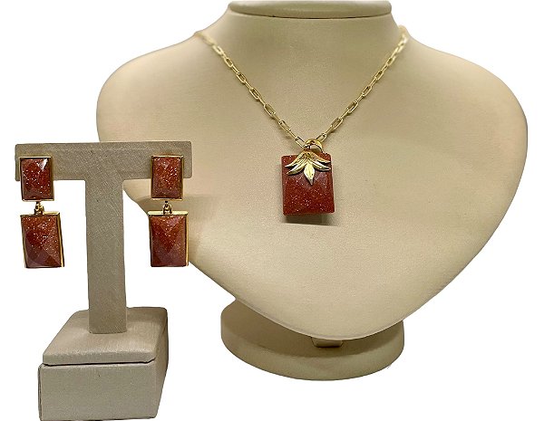 Colar e Brinco banhado a ouro 18k de Pedra Do Sol ML219