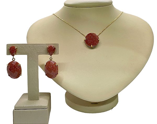 Colar e Brinco banhado a ouro 18k de Pedra Do Sol ML220