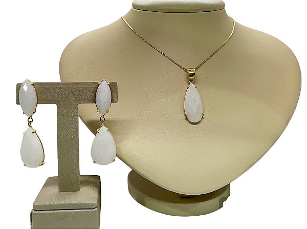 Colar e Brinco banhado a ouro 18k de Quartzo Branco ML221