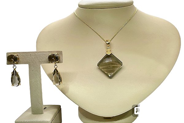 Colar e Brinco banhado a ouro 18k de Quartzo Fumê  ML222