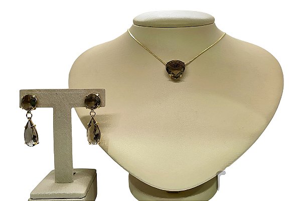 Colar e Brinco banhado a ouro 18k de Quartzo Fumê ML223