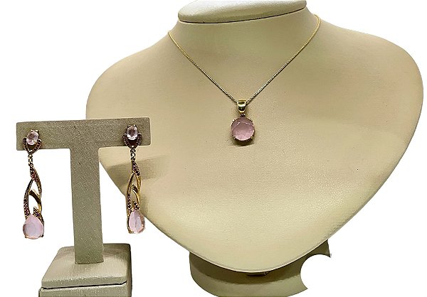 Colar e Brinco banhado a ouro 18k de Quartzo Rosa ML225