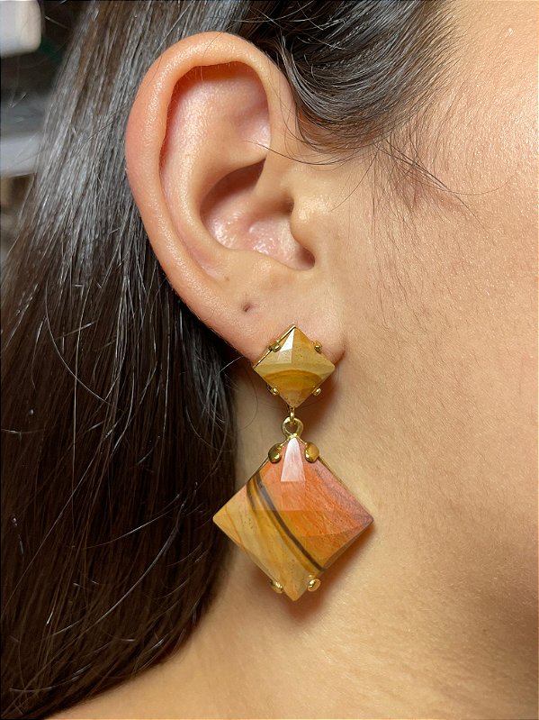 Brinco Banhado a ouro 18k de Jaspe Policromo