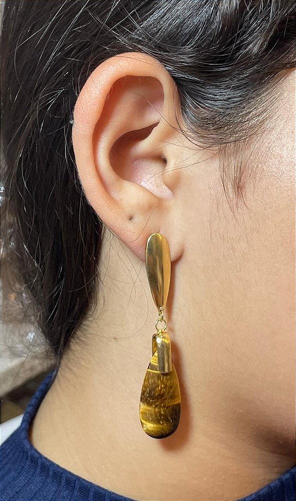 Brinco Banhado a ouro 18k de Olho de Tigre