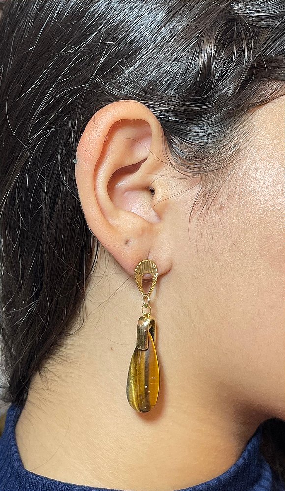 Brinco Banhado a ouro 18k de Olho de Tigre