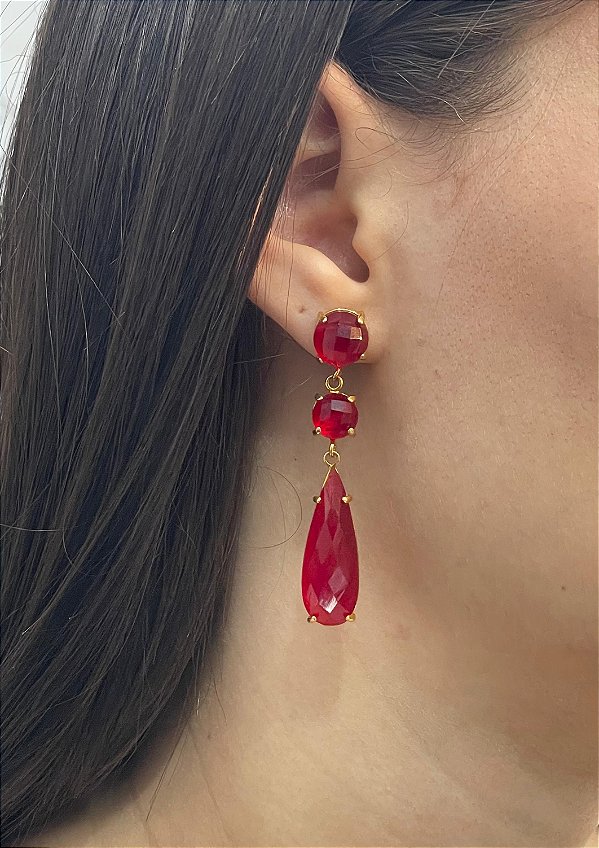 Brinco Banhado a ouro 18k de Zircônia Vermelha