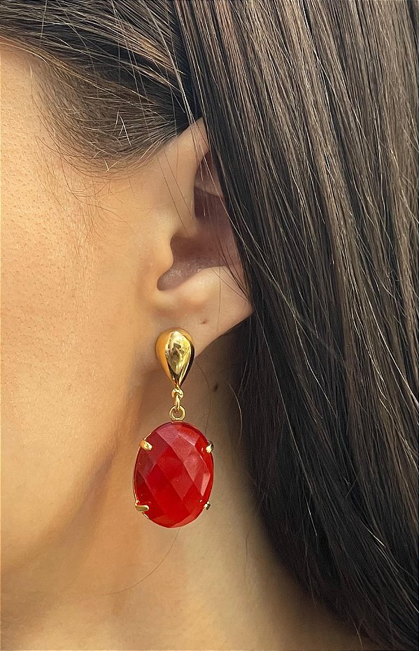 Brinco Banhado a ouro 18k de Zircônia Vermelha