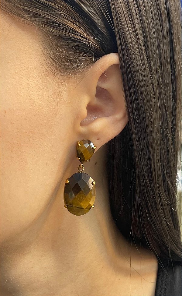 Brinco Banhado a ouro 18k de Olho De Tigre