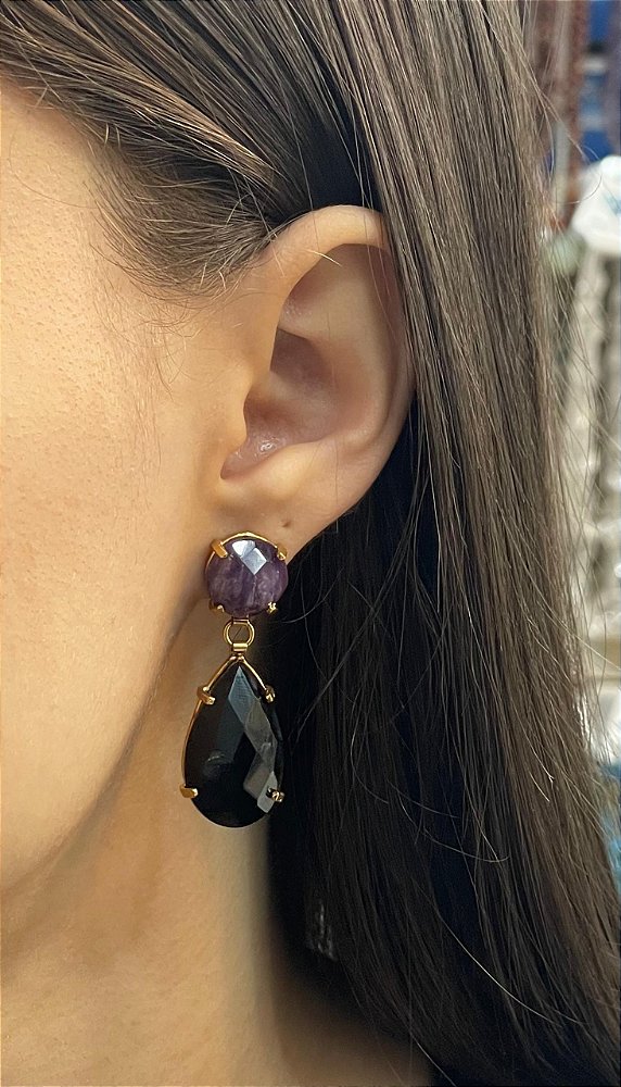 Brinco Banhado a ouro 18k de Ametista e Ônix