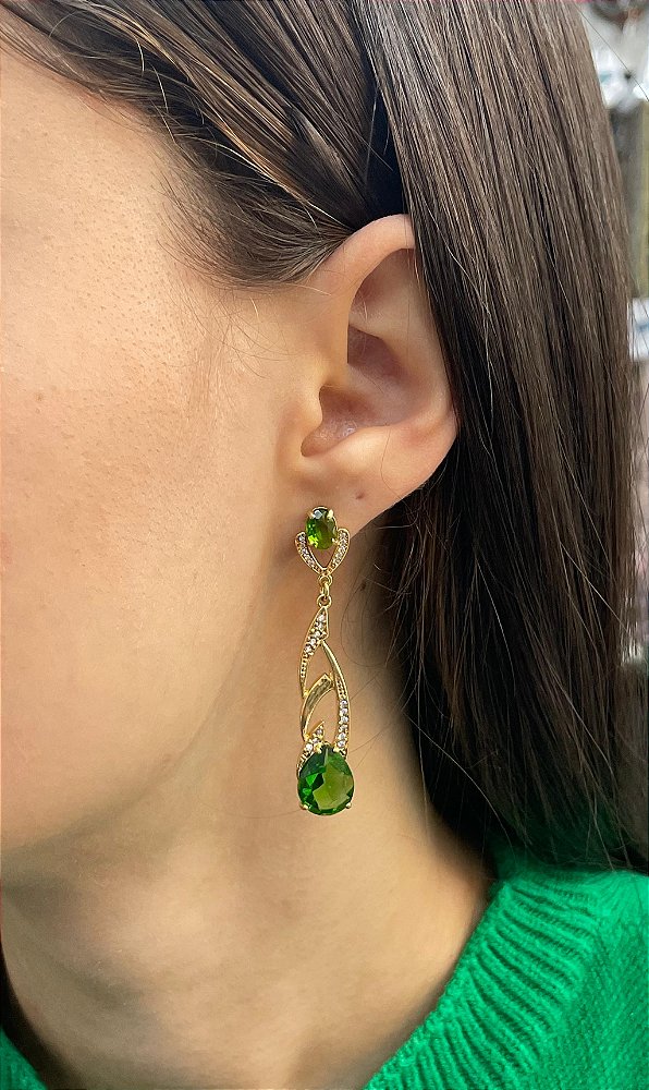 Brinco Banhado a ouro 18k de Zircônia Verde