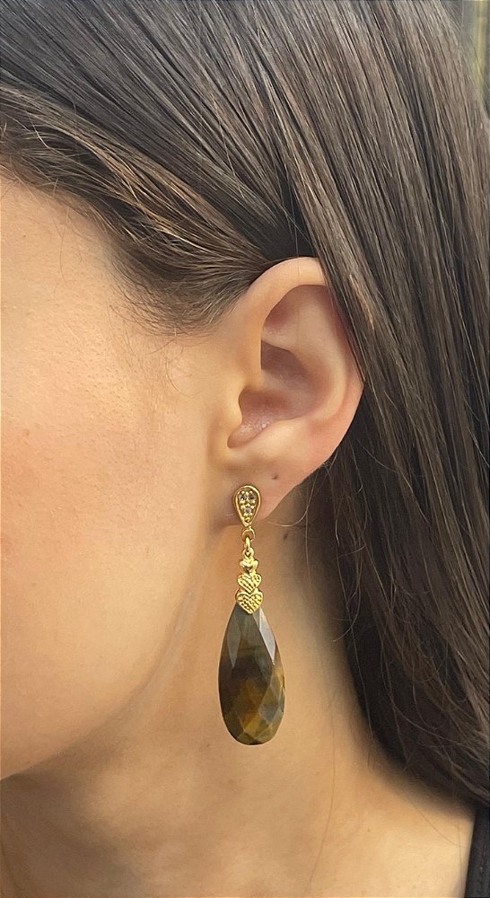 Brinco Banhado a ouro 18k de Olho De Tigre