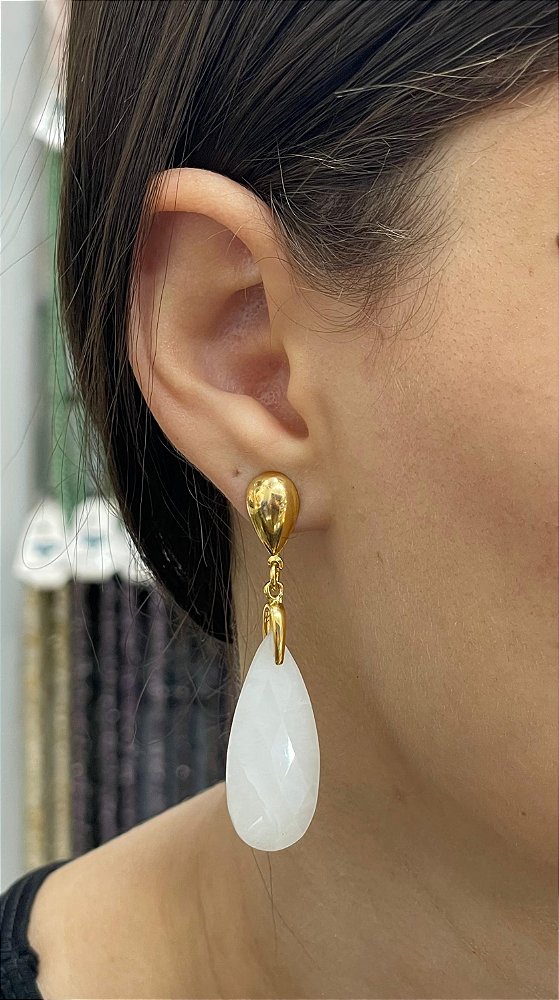 Brinco Banhado a ouro 18k de Quartzo Branco