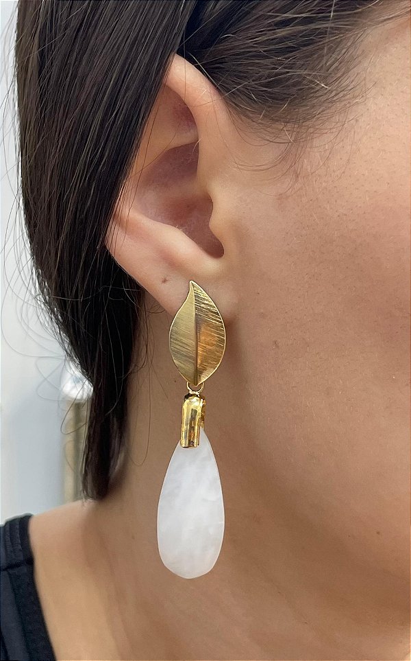 Brinco Banhado a ouro 18k de Quartzo Branco