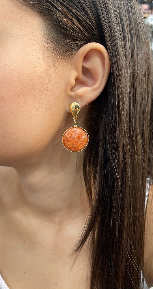 Brinco Banhado a ouro 18k de Calcita Laranja