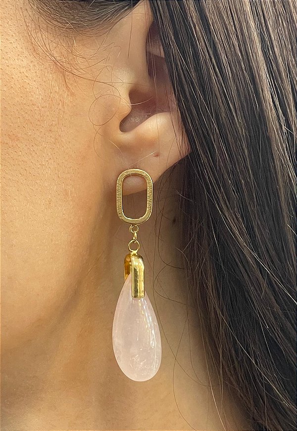 Brinco Banhado a ouro 18k de Quartzo Rosa