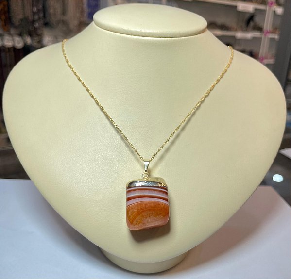 Pingente Banhado à ouro 18 K de Pedra Ágata Laranja Rolada e Polida