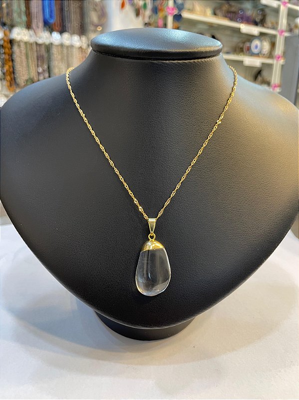 Pingente Banhado à ouro 18 K de Pedra Cristal Rolada e Polida
