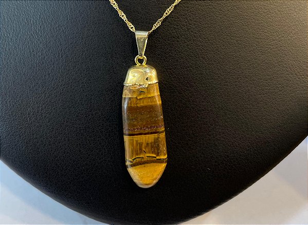 Pingente Banhado à ouro 18 K de Pedra Olho De Tigre Rolada e Polida