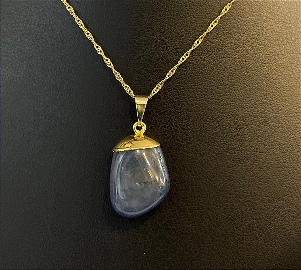 Pingente Banhado à ouro 18 K de Pedra Ágata Azul Rolada e Polida