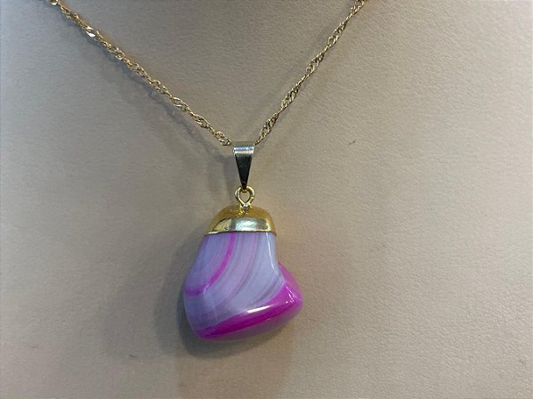 Pingente Banhado à ouro 18 K de Pedra Ágata Rosa Rolada e Polida