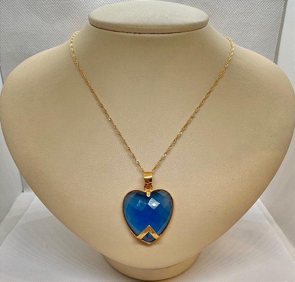 Pingente Banhado à ouro 18 K de Pedra Zircônia Azul Safira Coração