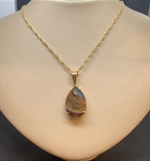 Pingente Banhado à ouro 18K de Pedra Jaspe Policromo Gota