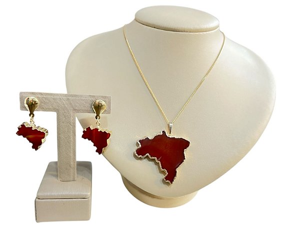 Colar E Brinco Banhado A Ouro 18k De Pedra Ágata Marrom MAPA DO BRASIL