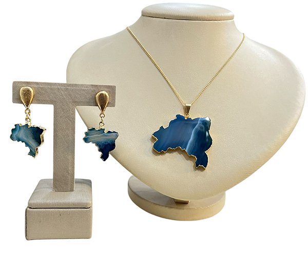 Colar E Brinco Banhado A Ouro 18k De Pedra Ágata Azul MAPA DO BRASIL