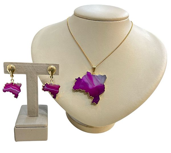 Colar E Brinco Banhado A Ouro 18k De Pedra Ágata Rosa MAPA DO BRASIL