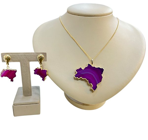 Colar E Brinco Banhado A Ouro 18k De Pedra Ágata Rosa MAPA DO BRASIL
