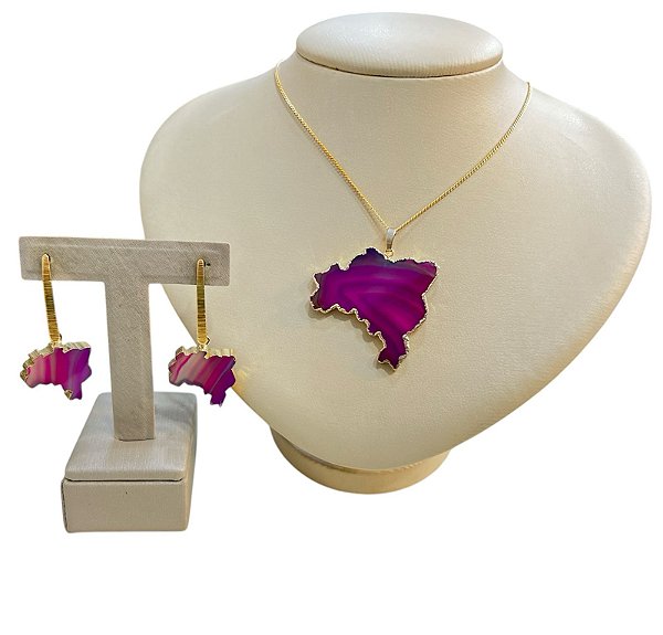 Colar E Brinco Banhado A Ouro 18k De Pedra Ágata Rosa MAPA DO BRASIL