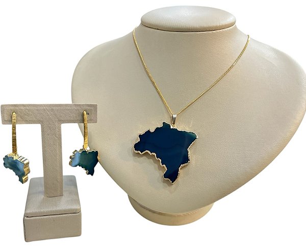 Colar E Brinco Banhado A Ouro 18k De Pedra Ágata Azul MAPA DO BRASIL