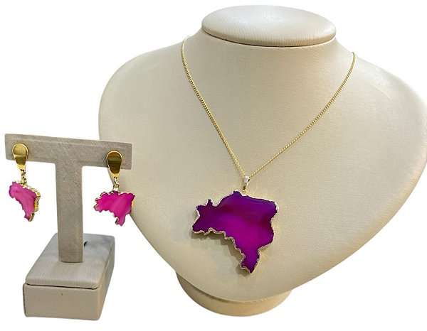 Colar E Brinco Banhado A Ouro 18k De Pedra Ágata Rosa MAPA DO BRASIL