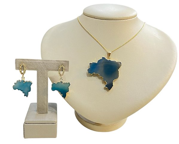 Colar E Brinco Banhado A Ouro 18k De Pedra Ágata Azul MAPA DO BRASIL