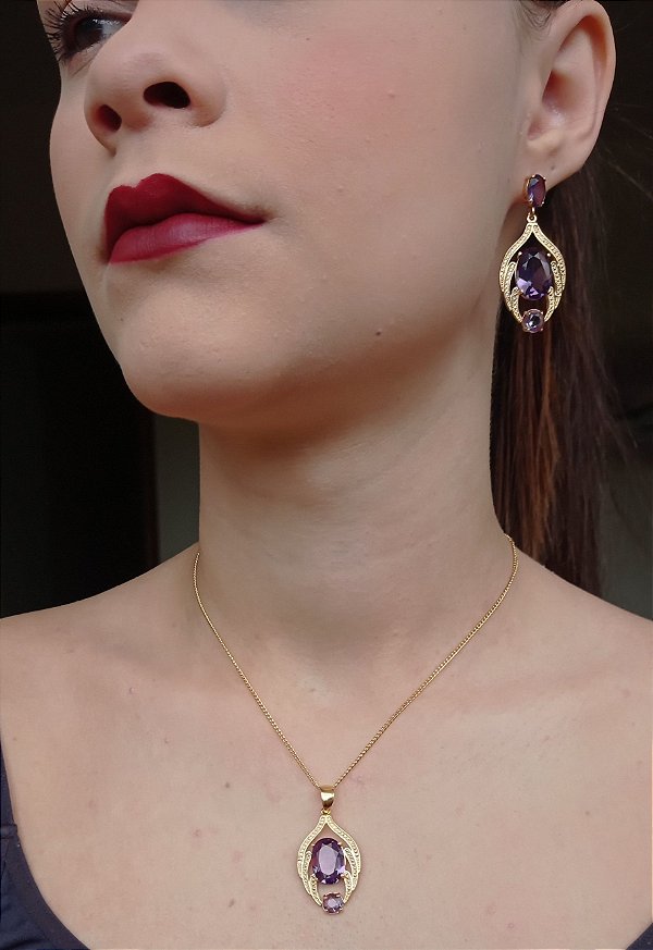 Colar E Brinco Banhado A Ouro 18k Semijoia De Ametista